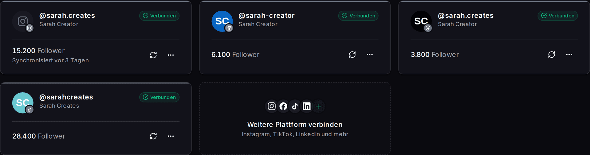 Verbundene Social-Media-Accounts in Impulio mit Follower-Zahlen