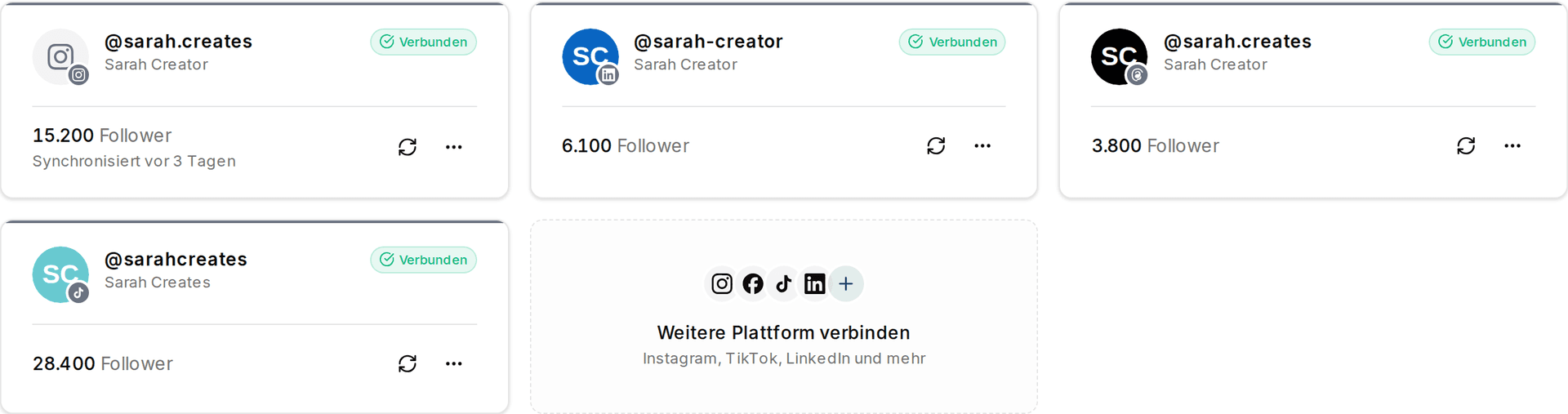 Verbundene Social-Media-Accounts in Impulio mit Follower-Zahlen