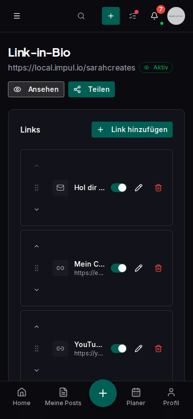 Link-in-Bio Editor mit Design-Anpassung und Vorschau