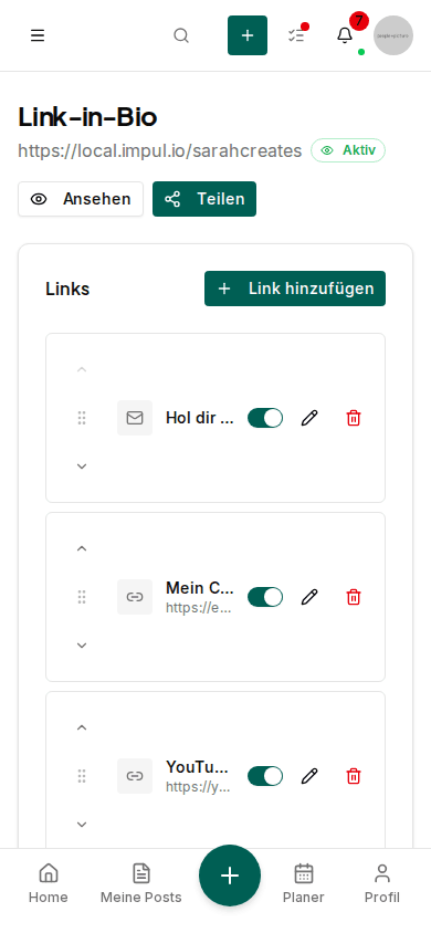 Link-in-Bio Editor mit Design-Anpassung und Vorschau