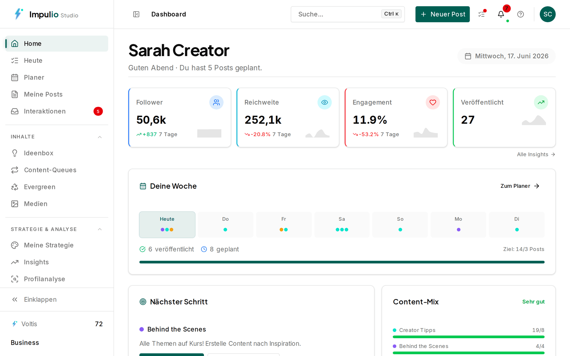Impulio Dashboard mit KPI-Karten, Wochen-Übersicht und Content-Mix nach Säule