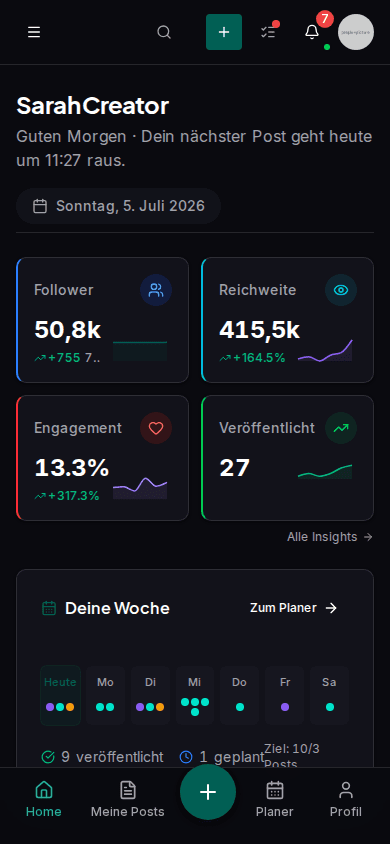 Impulio Content-Kalender mit geplanten Posts für Instagram, TikTok und LinkedIn