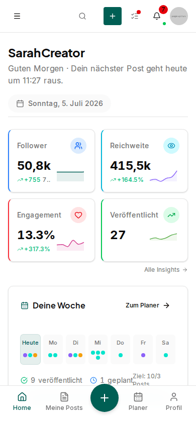 Impulio Content-Kalender mit geplanten Posts für Instagram, TikTok und LinkedIn