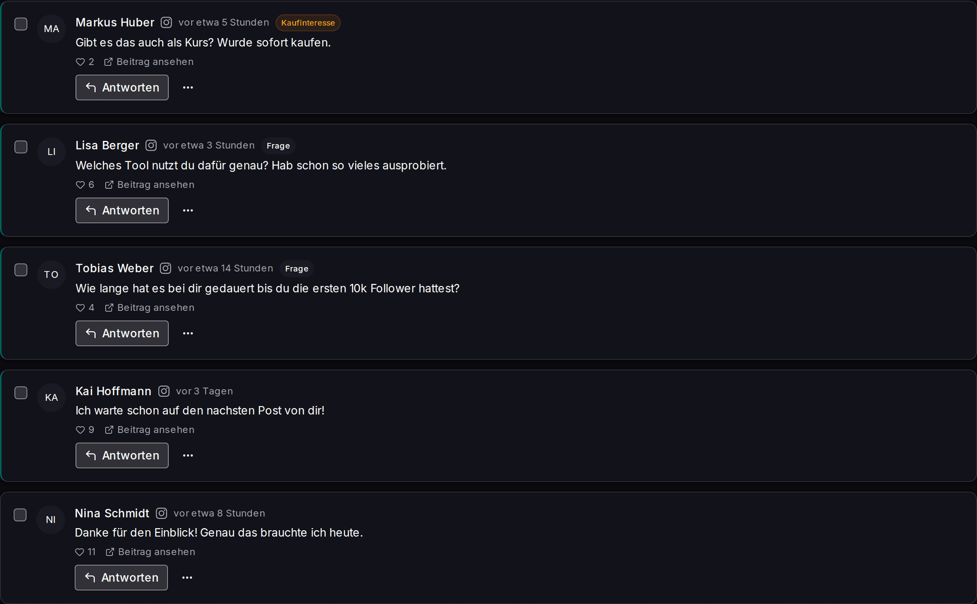 Engagement-Postfach mit Kommentaren, Filtern und Antwort-Funktion