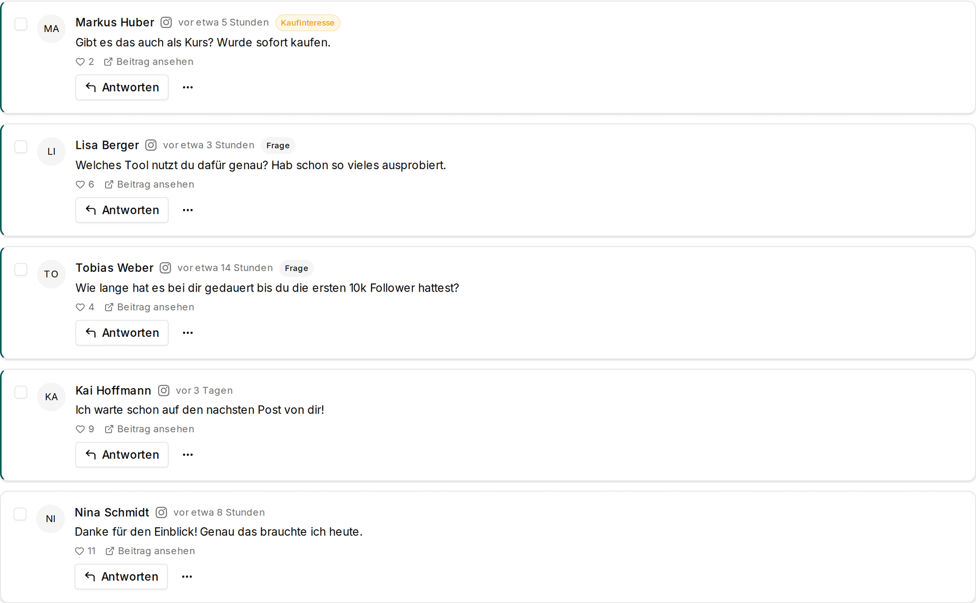 Engagement-Postfach mit Kommentaren, Filtern und Antwort-Funktion