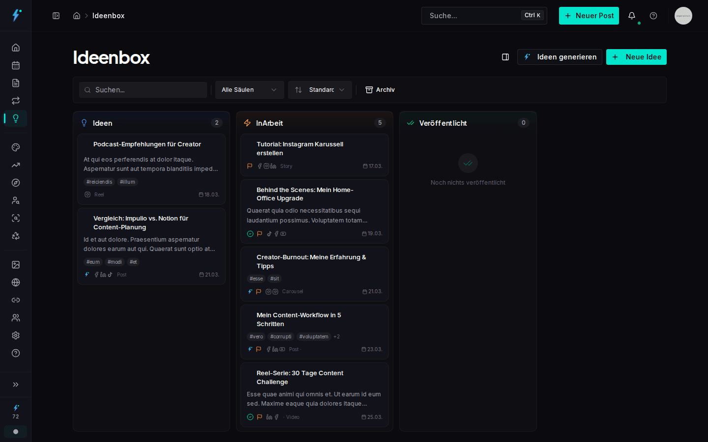 Ideen-Bibliothek mit Kanban-Board und Content-Ideen