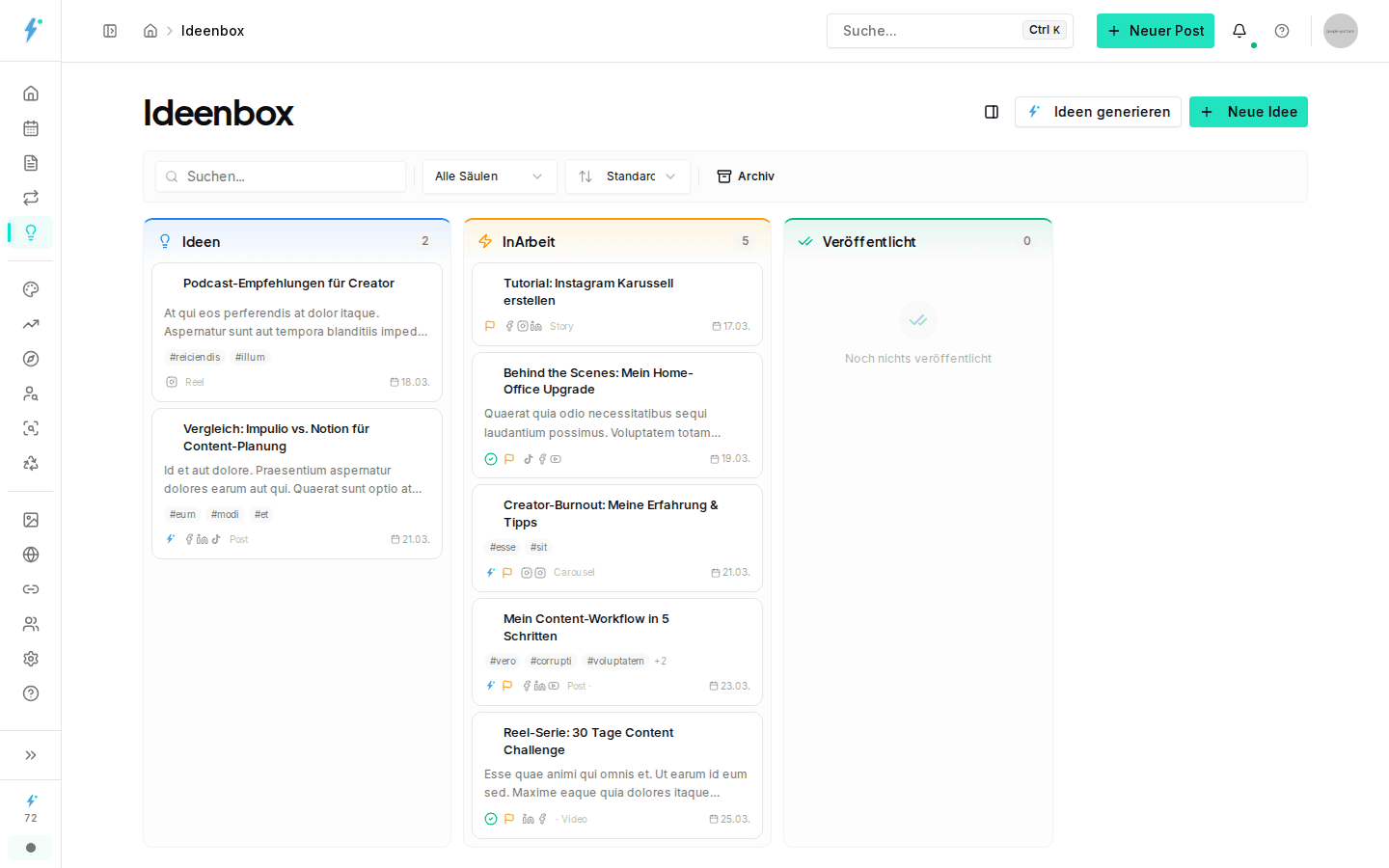 Ideen-Bibliothek mit Kanban-Board und Content-Ideen
