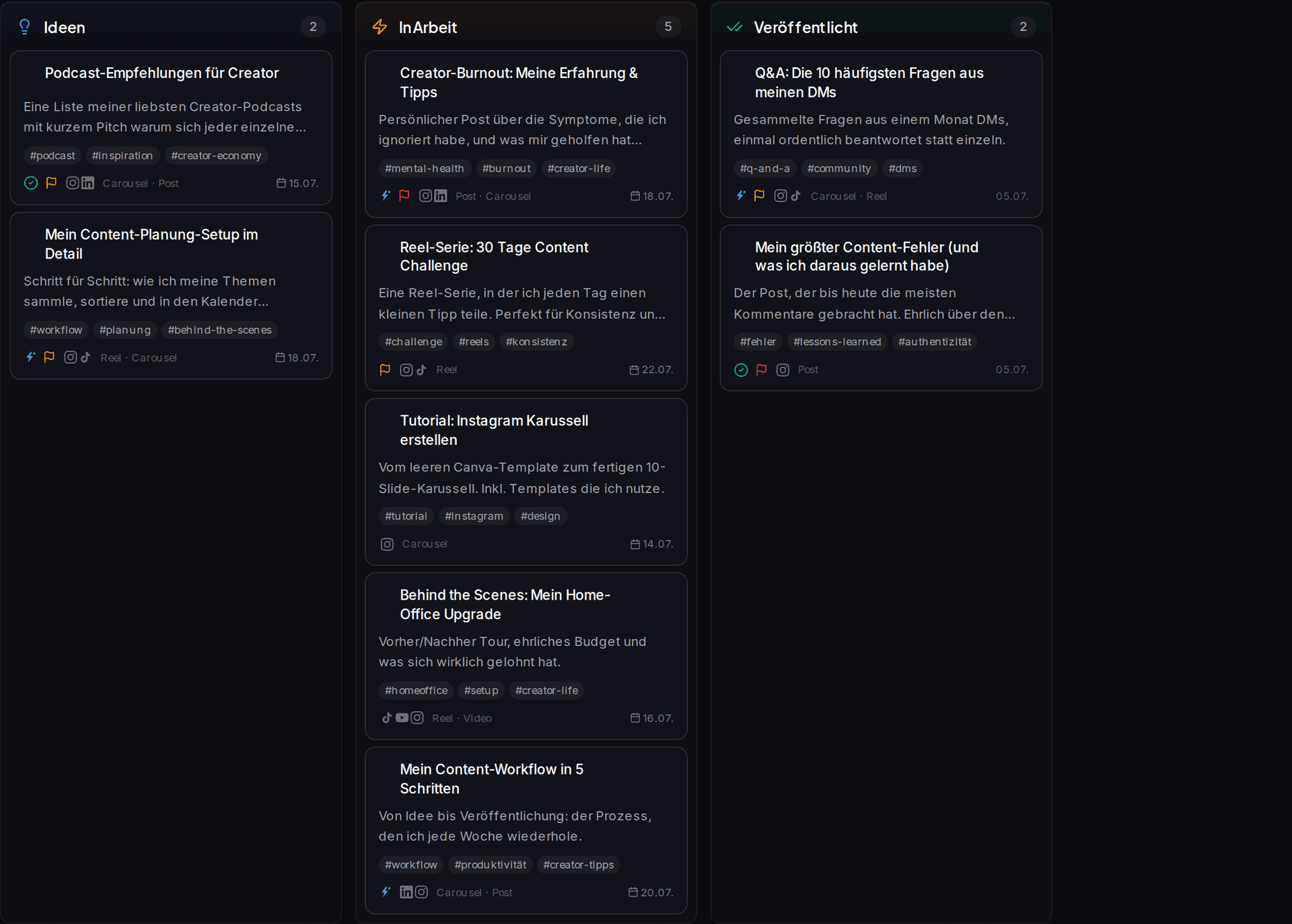 Ideen-Bibliothek mit Kanban-Board und Content-Ideen