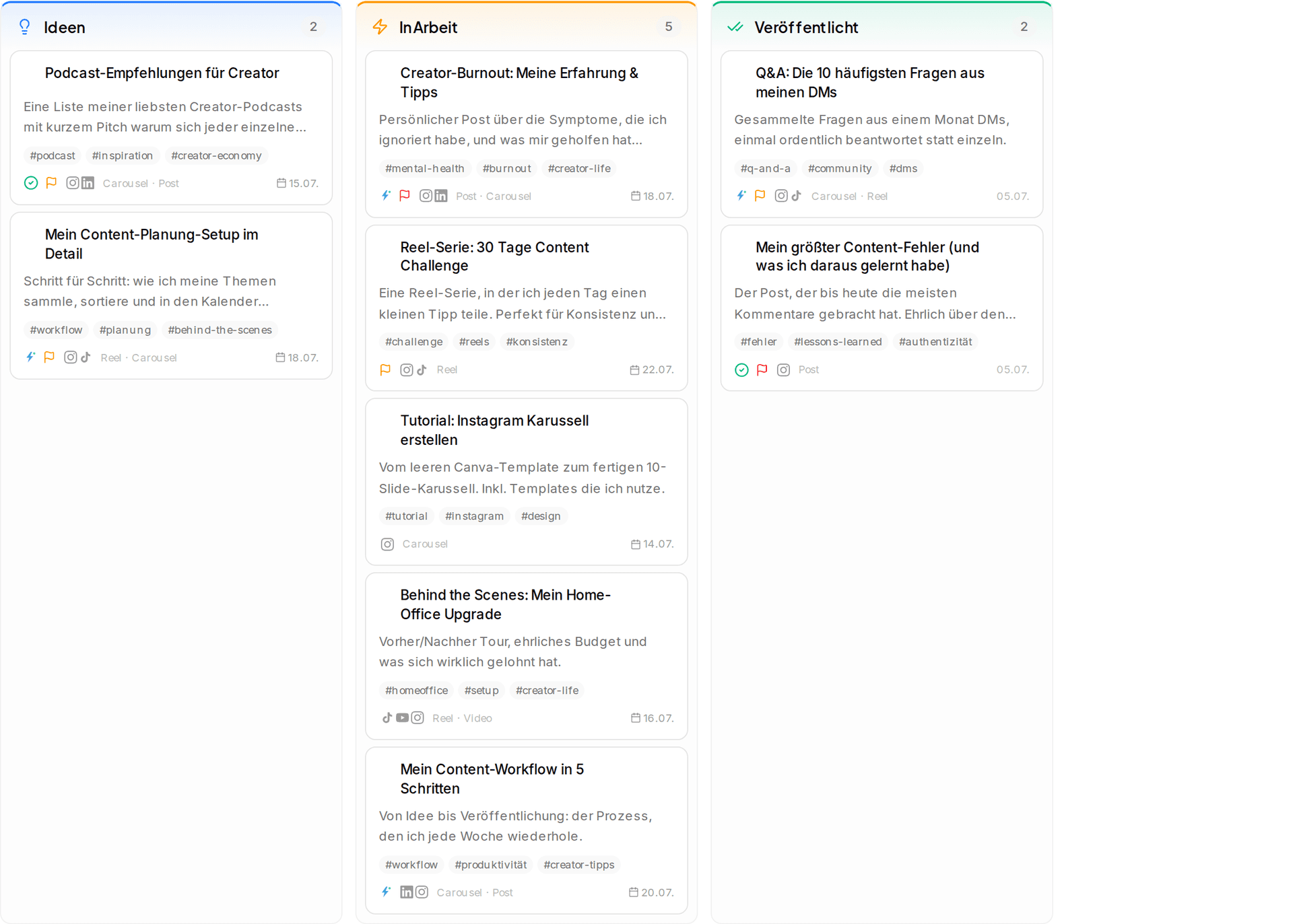Ideen-Bibliothek mit Kanban-Board und Content-Ideen