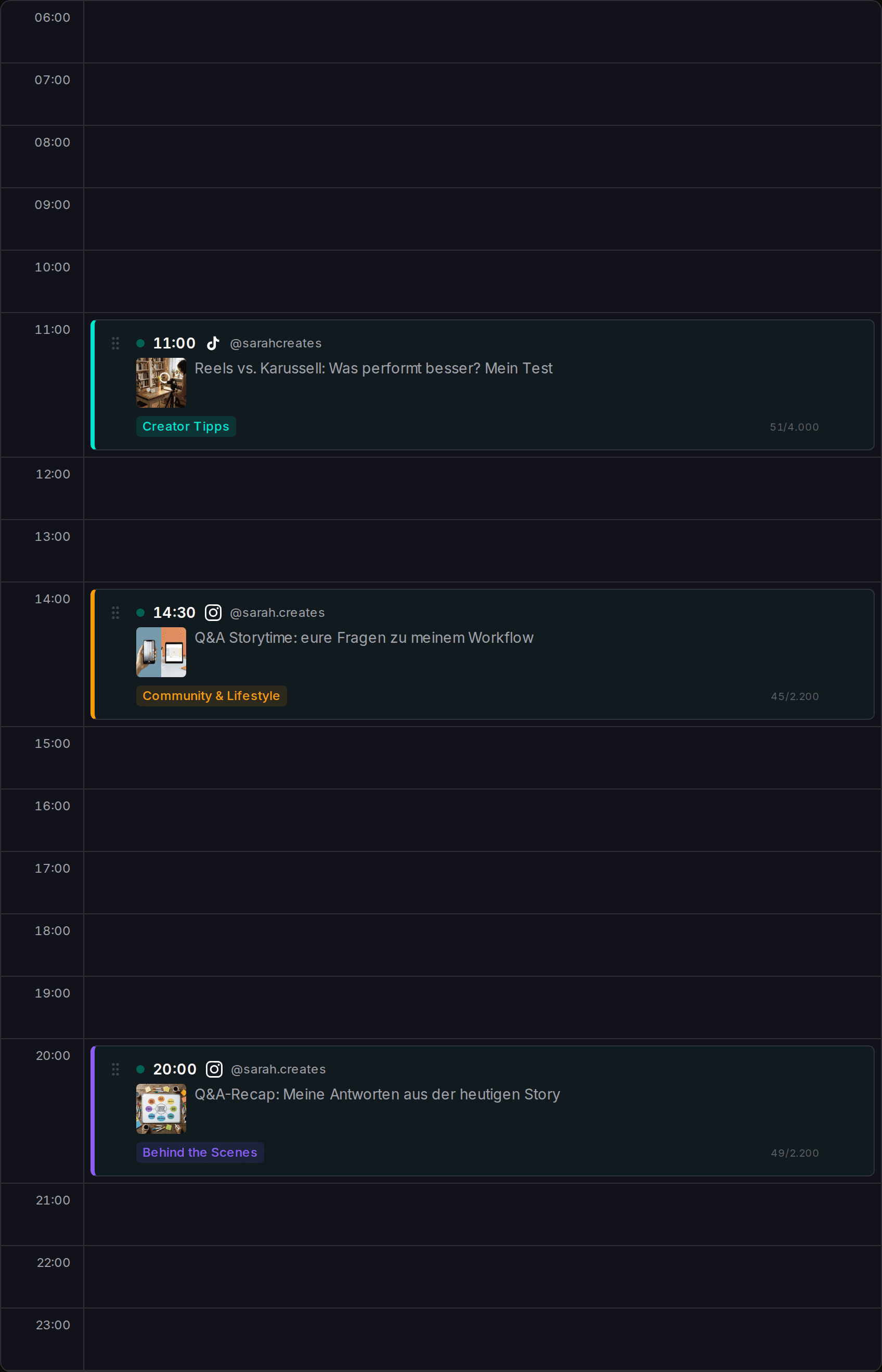 Tagesansicht des Impulio Planers mit Zeit-Slots und geplanten Posts