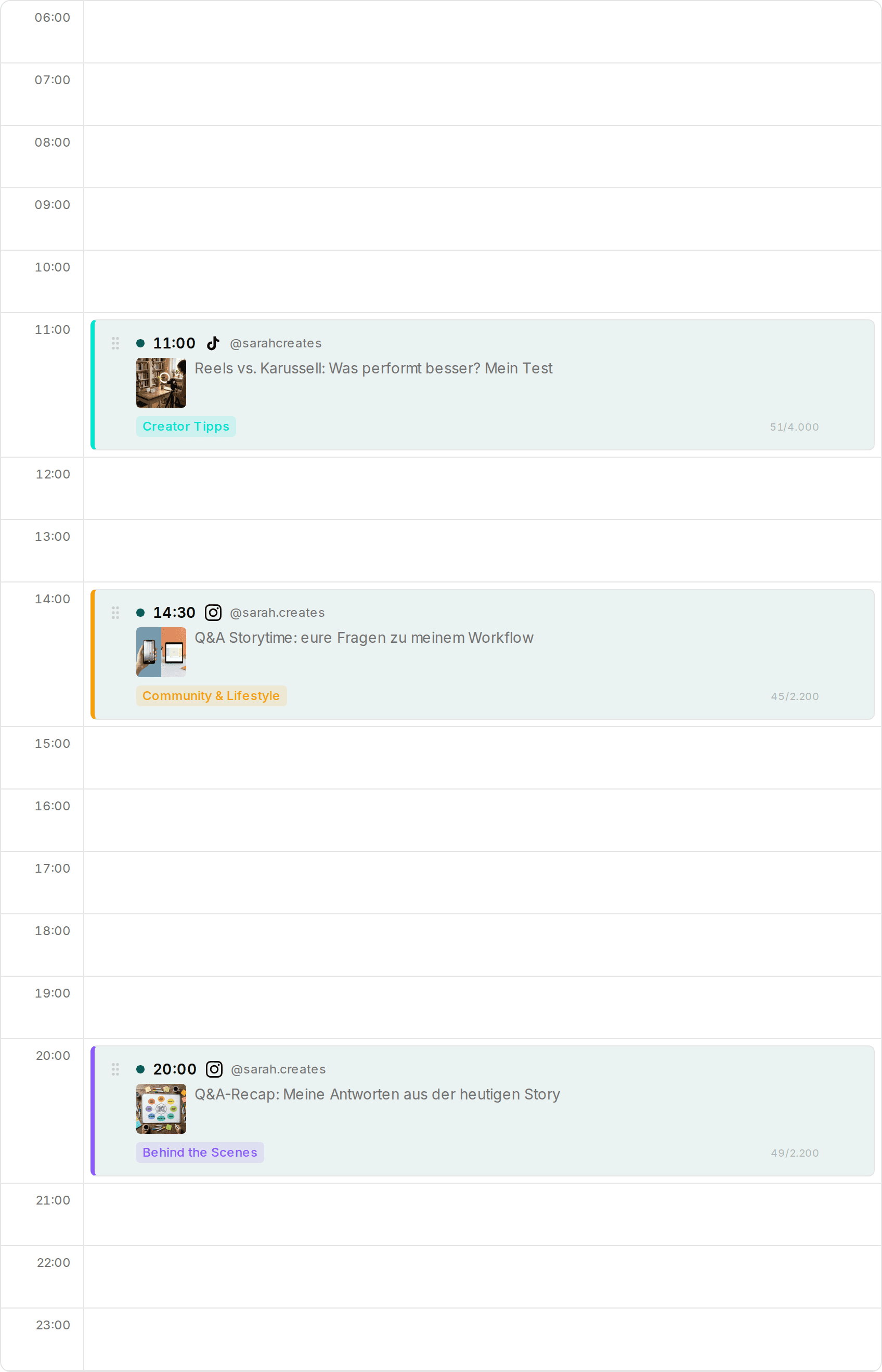 Tagesansicht des Impulio Planers mit Zeit-Slots und geplanten Posts