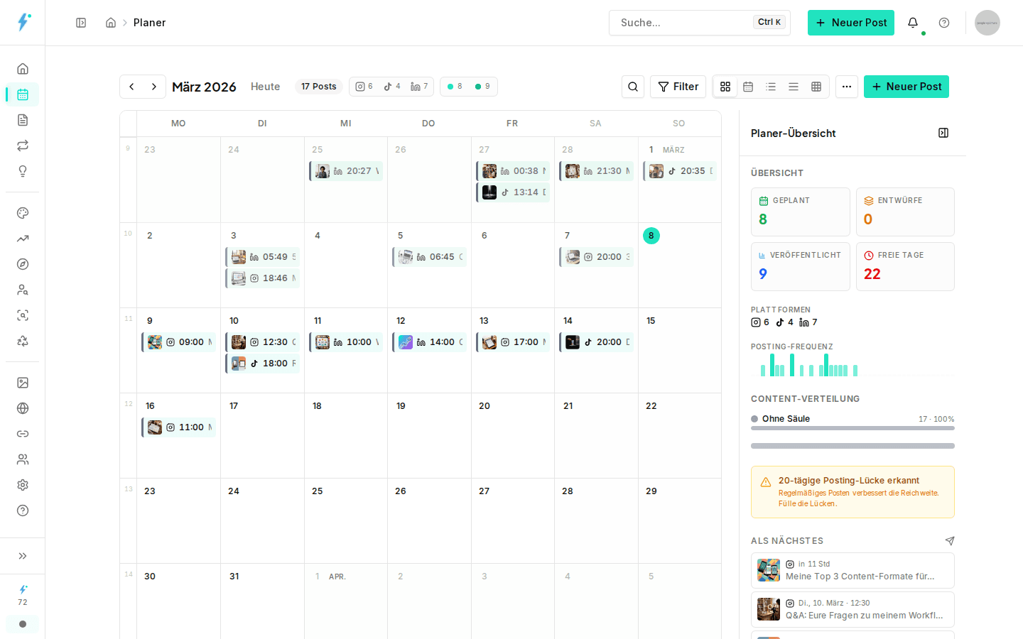 Impulio Content-Kalender mit geplanten Posts für Instagram, TikTok und LinkedIn