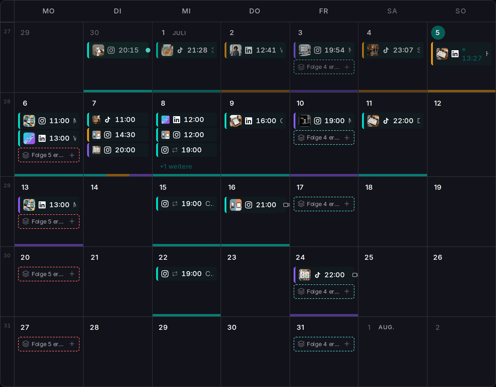 Impulio Content-Kalender mit geplanten Posts für Instagram, TikTok und LinkedIn