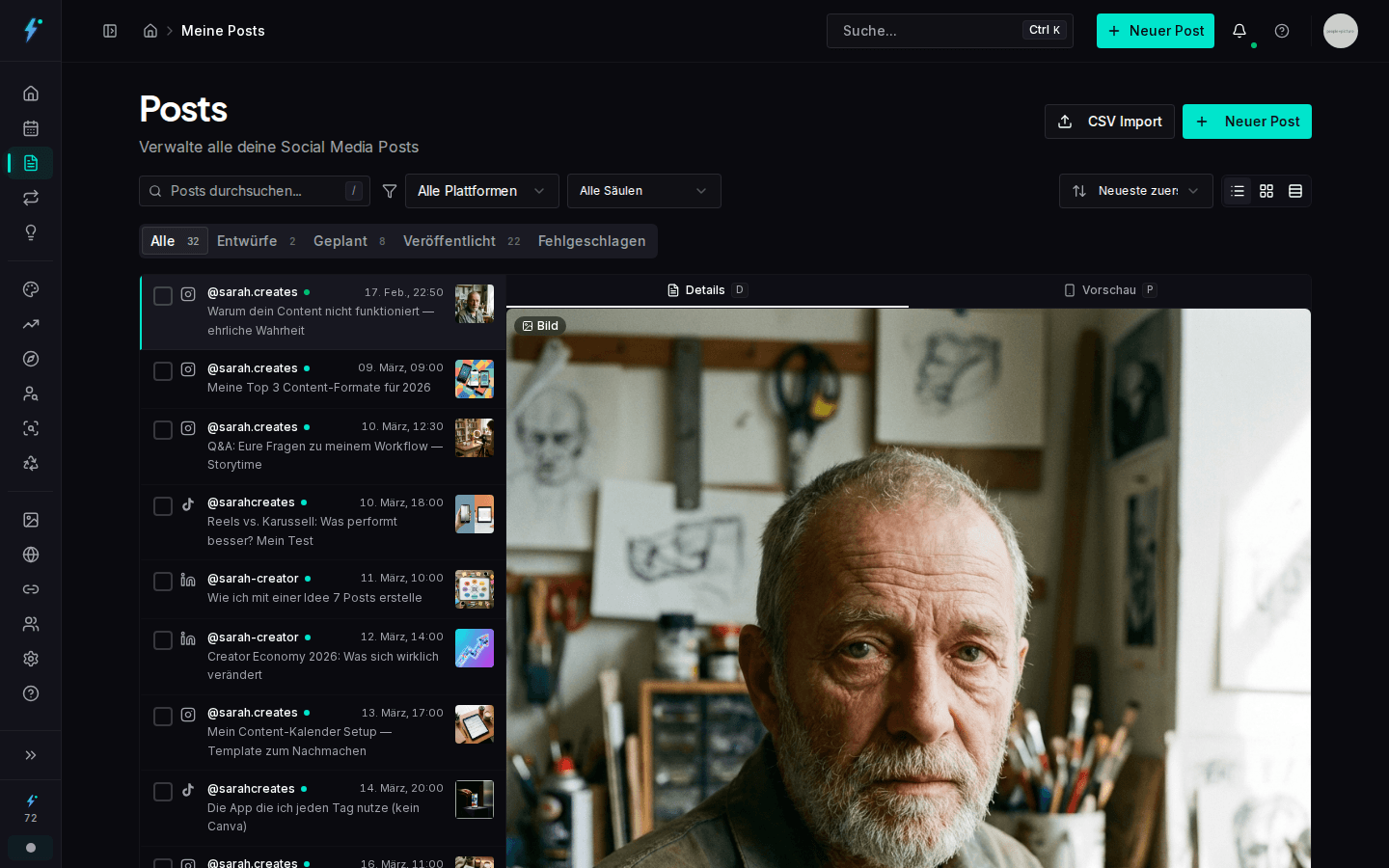 Post-Verwaltung mit Status-Übersicht und Plattform-Filter