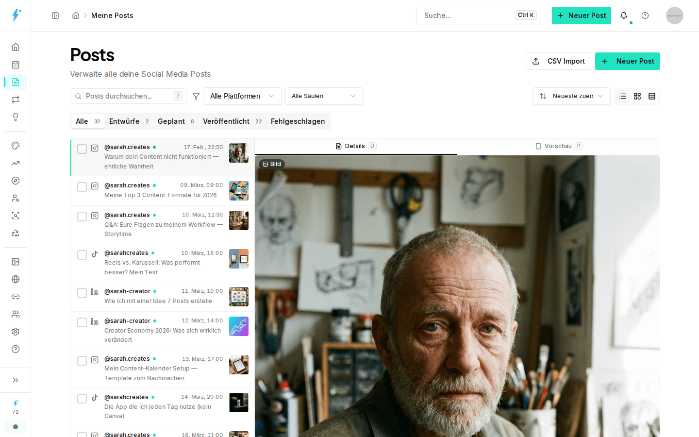 Post-Verwaltung mit Status-Übersicht und Plattform-Filter