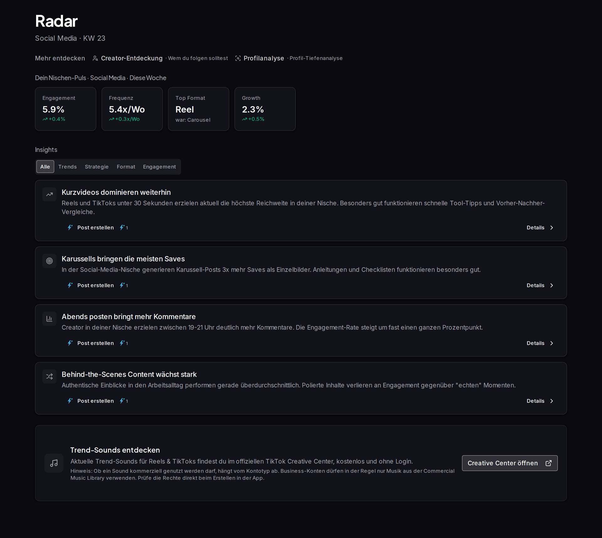 Radar mit Nischen-Trends und Insights in Impulio