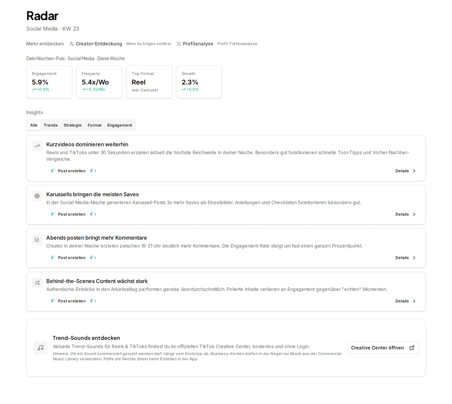 Radar mit Nischen-Trends und Insights in Impulio
