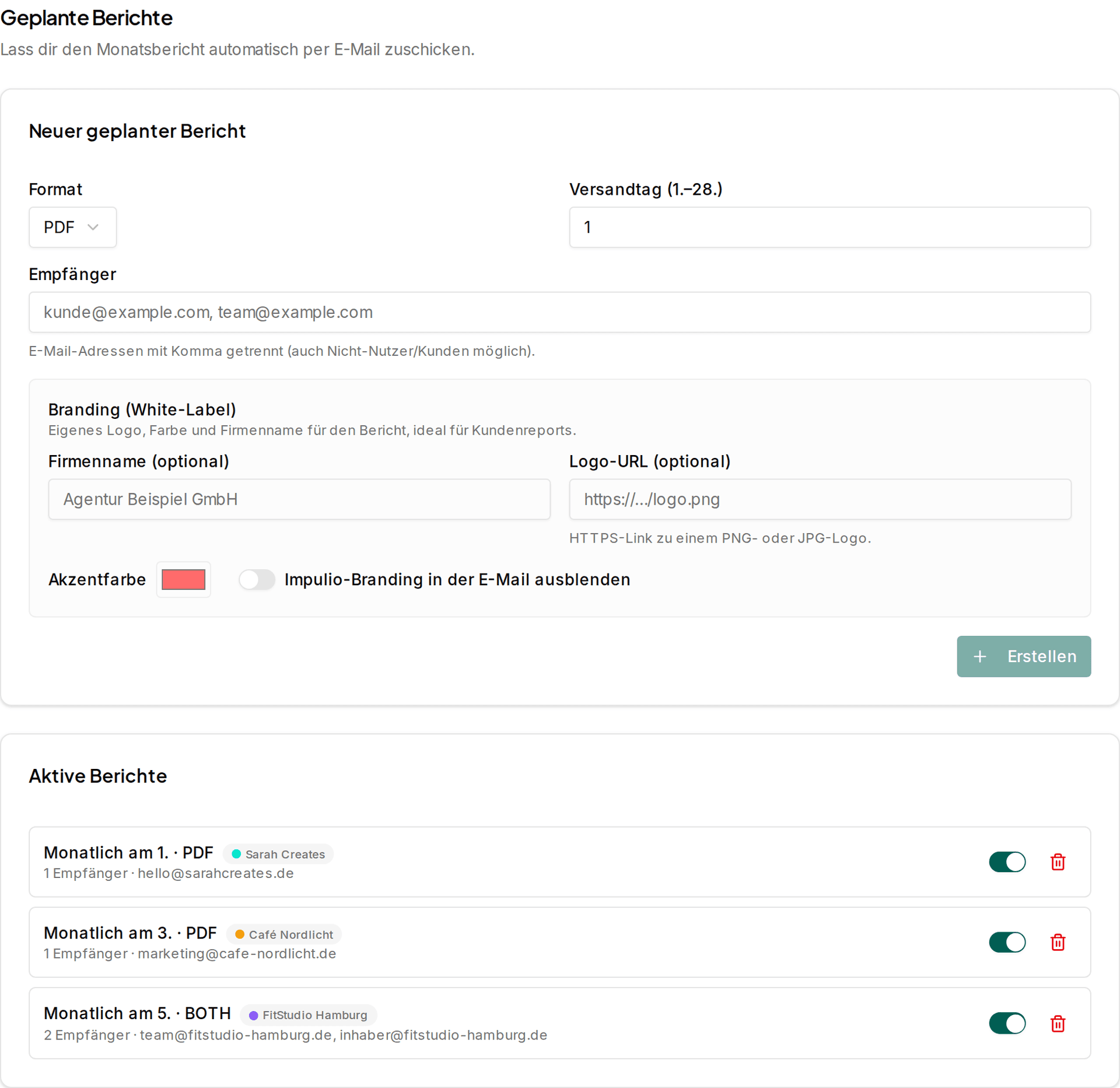 Report-Editor mit White-Label-Branding und aktiven Kundenreports