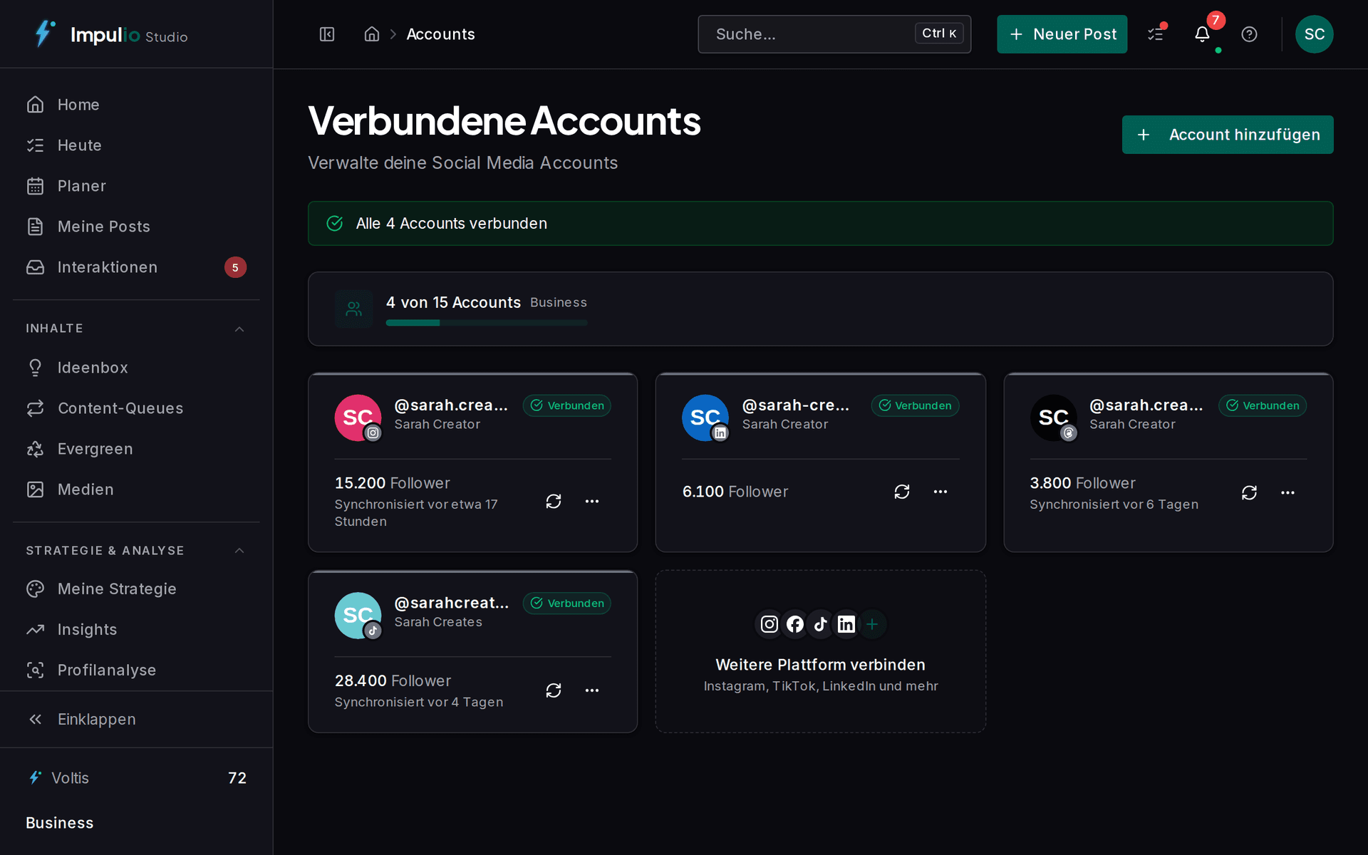 Verbundene Social-Media-Accounts in Impulio mit Follower-Zahlen