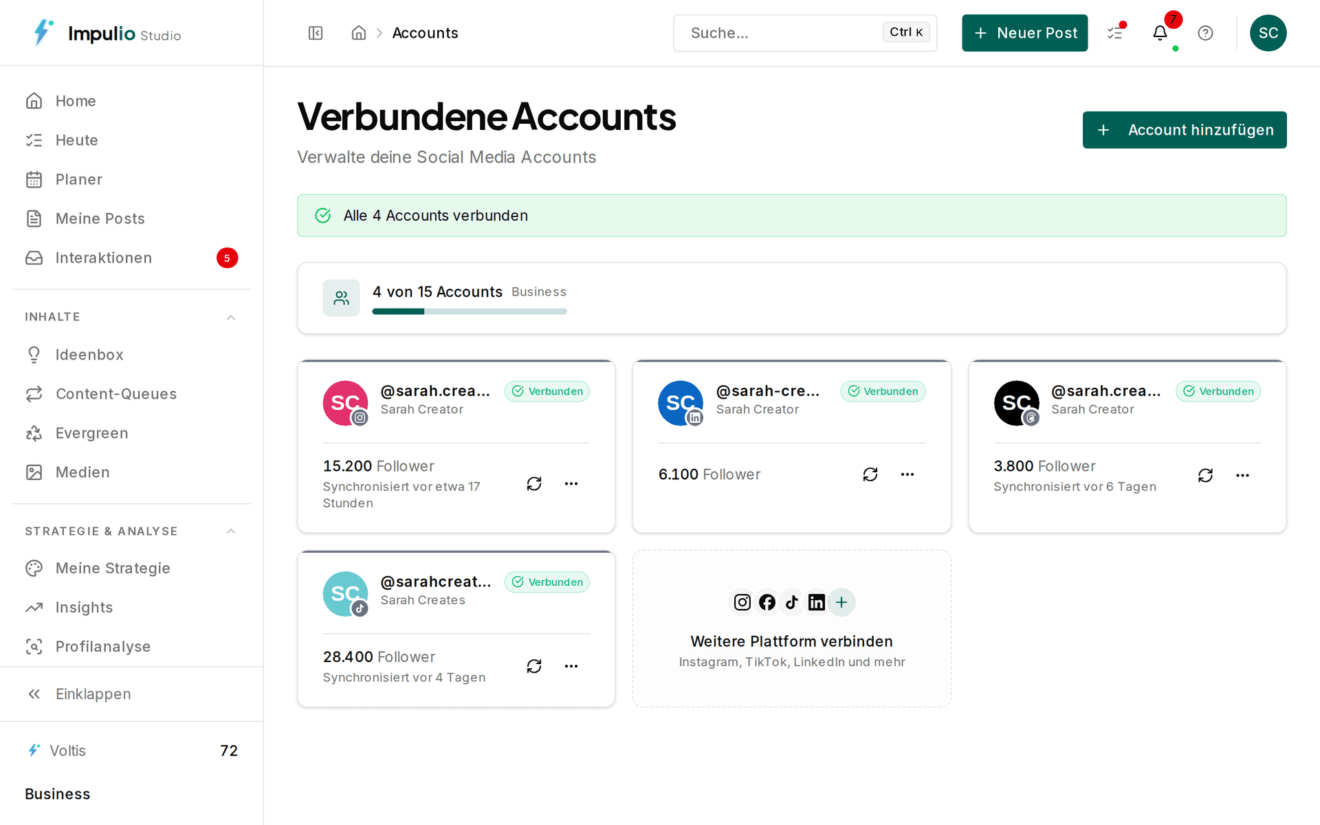 Verbundene Social-Media-Accounts in Impulio mit Follower-Zahlen