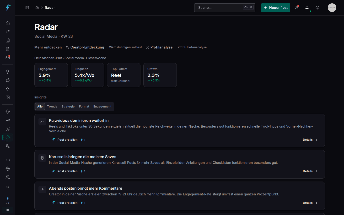 Radar mit Nischen-Trends und Insights in Impulio