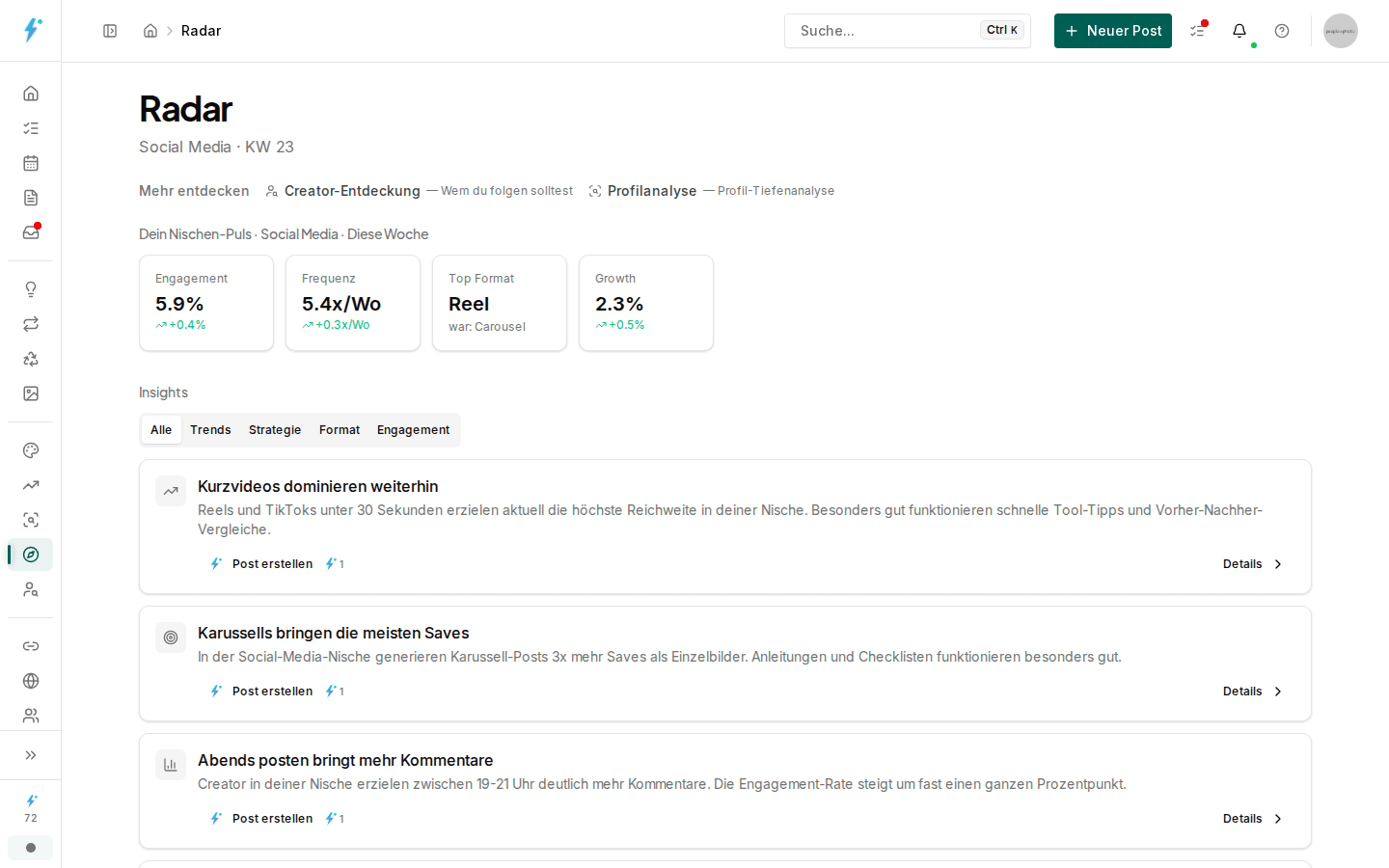 Radar mit Nischen-Trends und Insights in Impulio