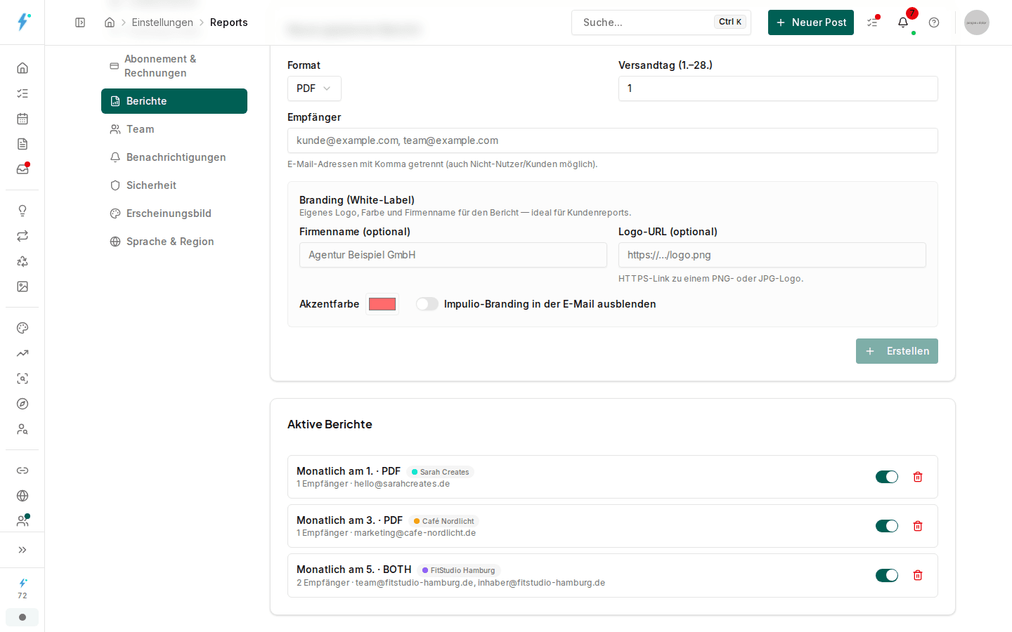 Report-Editor mit White-Label-Branding und aktiven Kundenreports